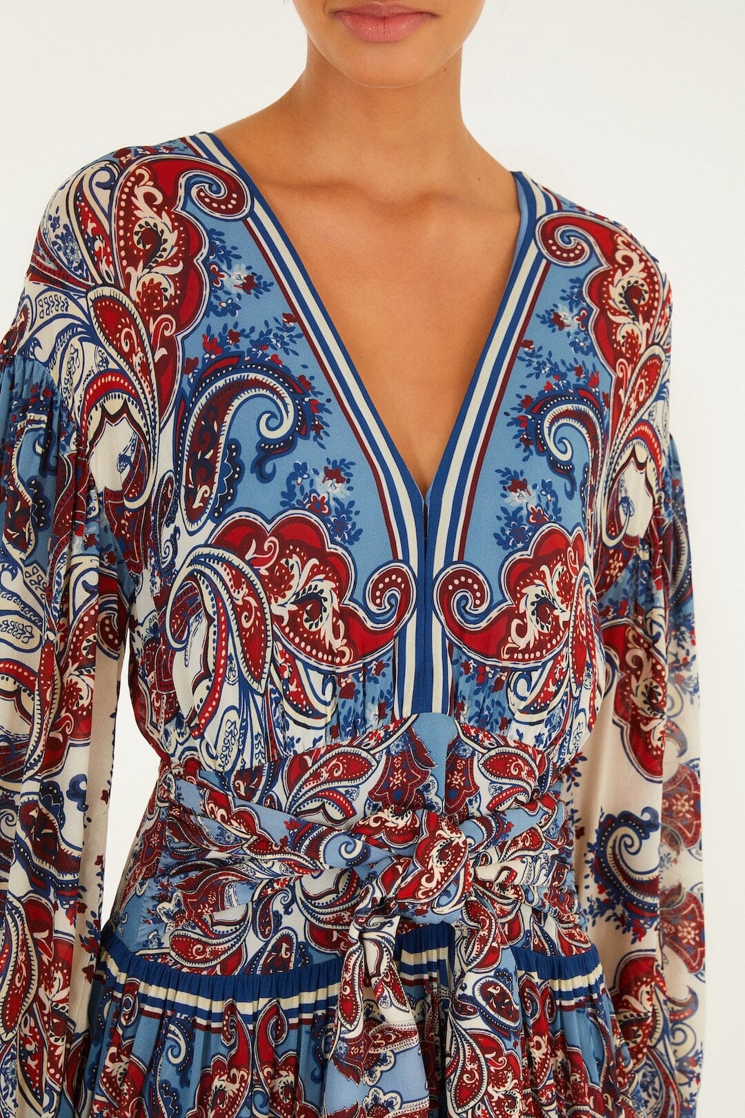 Blue Paisley Scarf Long Sleeve Maxi Dress