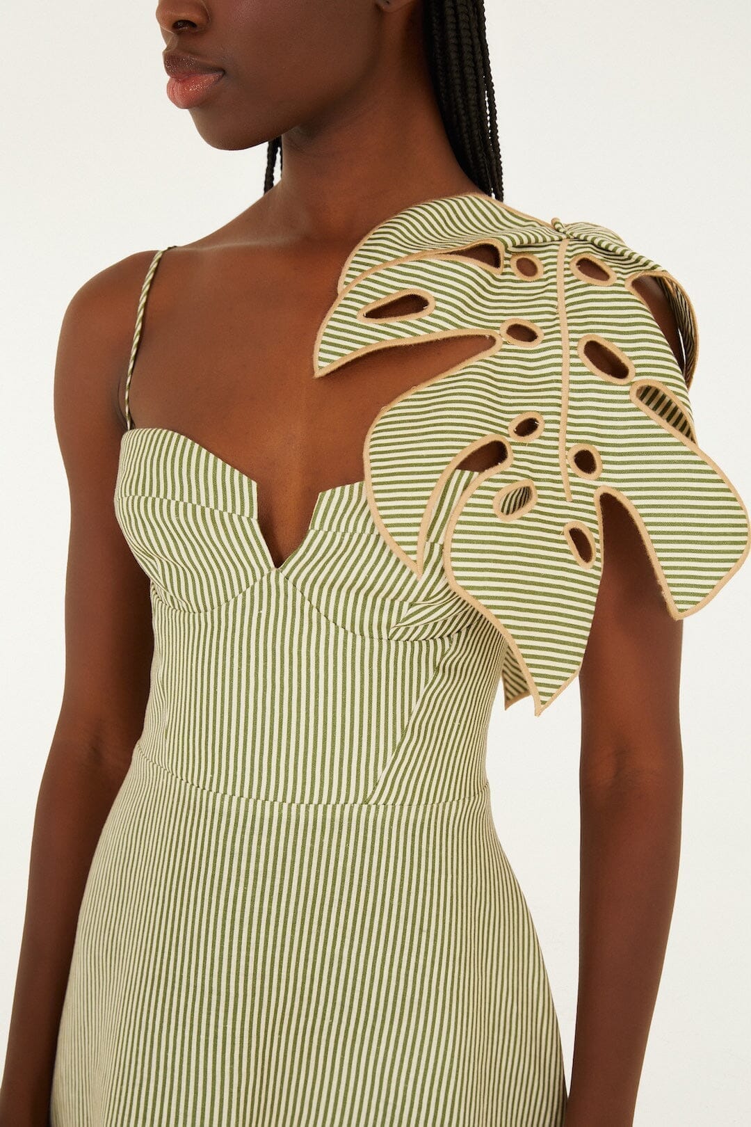 FARM Rio Green Striped 3d Monstera Leaf Euroflax Premium Linen Midi Dress, Green / XXS FARM Rio Green Striped 3d Monstera Leaf Euroflax Premium Linen Midi Dress, Green / XXS
