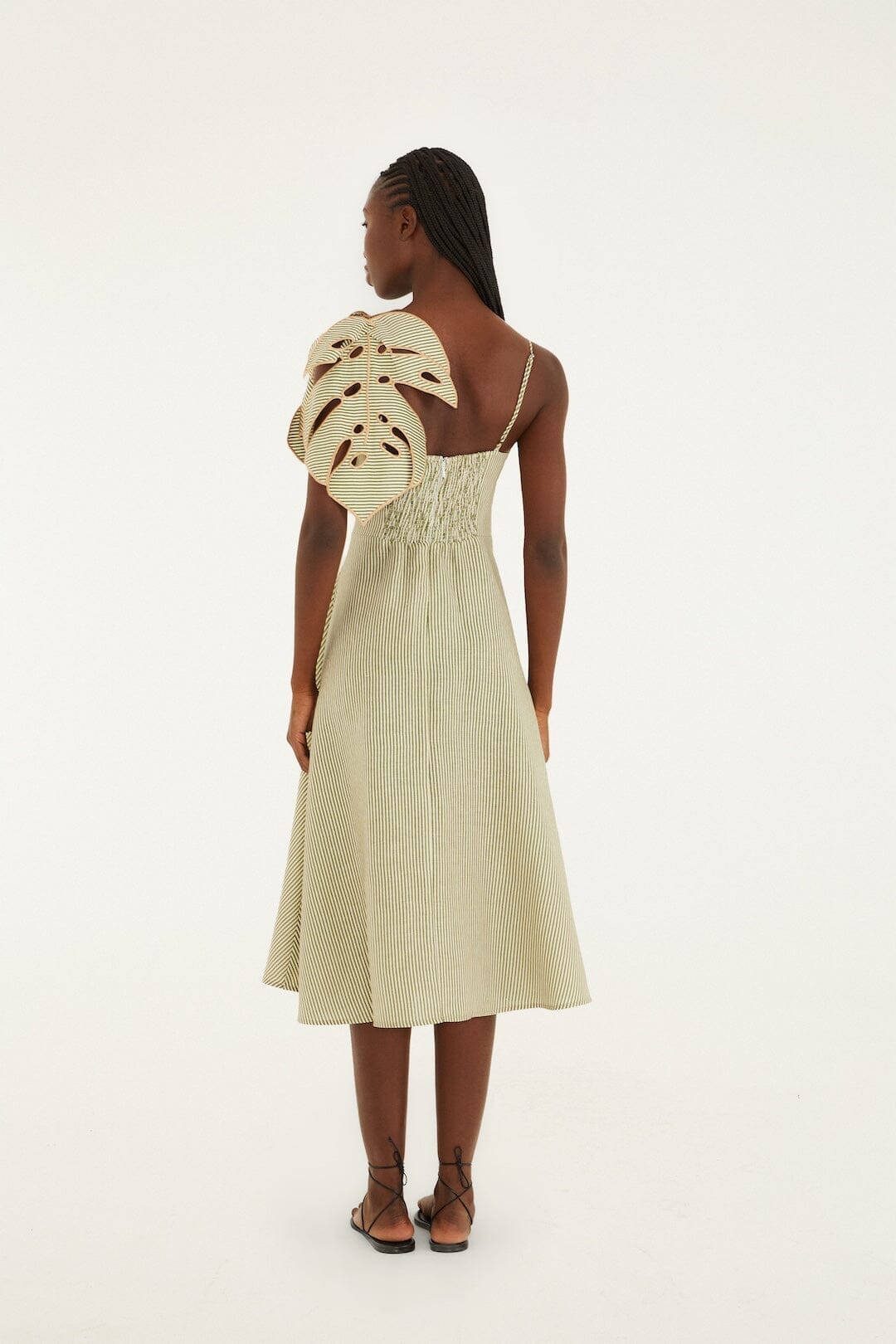 FARM Rio Green Striped 3d Monstera Leaf Euroflax Premium Linen Midi Dress, Green / XXS FARM Rio Green Striped 3d Monstera Leaf Euroflax Premium Linen Midi Dress, Green / XXS