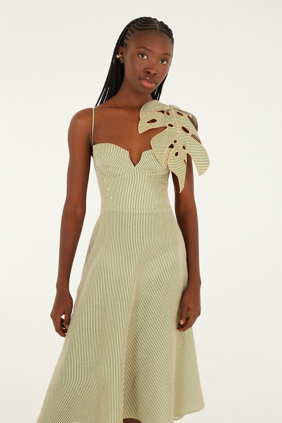 新品　ロージーモンスター　flutter flower couture Green Striped 3d Monstera Leaf Euroflax  Premium Linen Midi Dress