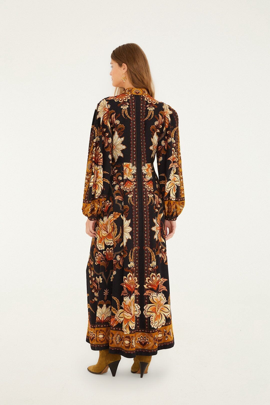 Black Majestic Garden Buttoned Puff Sleeve Maxi Dress | FARM Rio