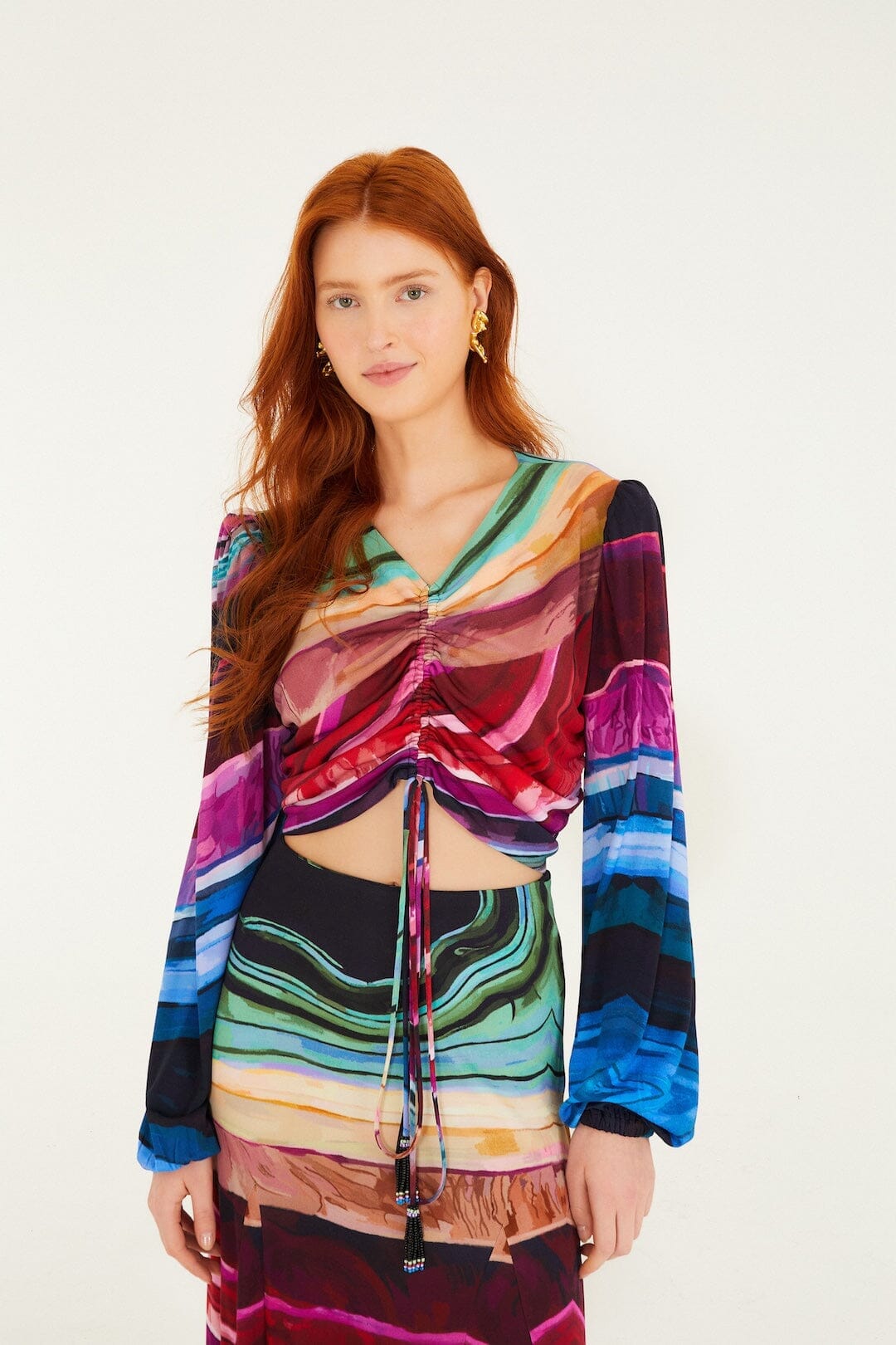 Multicolor Precious Gems Long Sleeve Draped Top