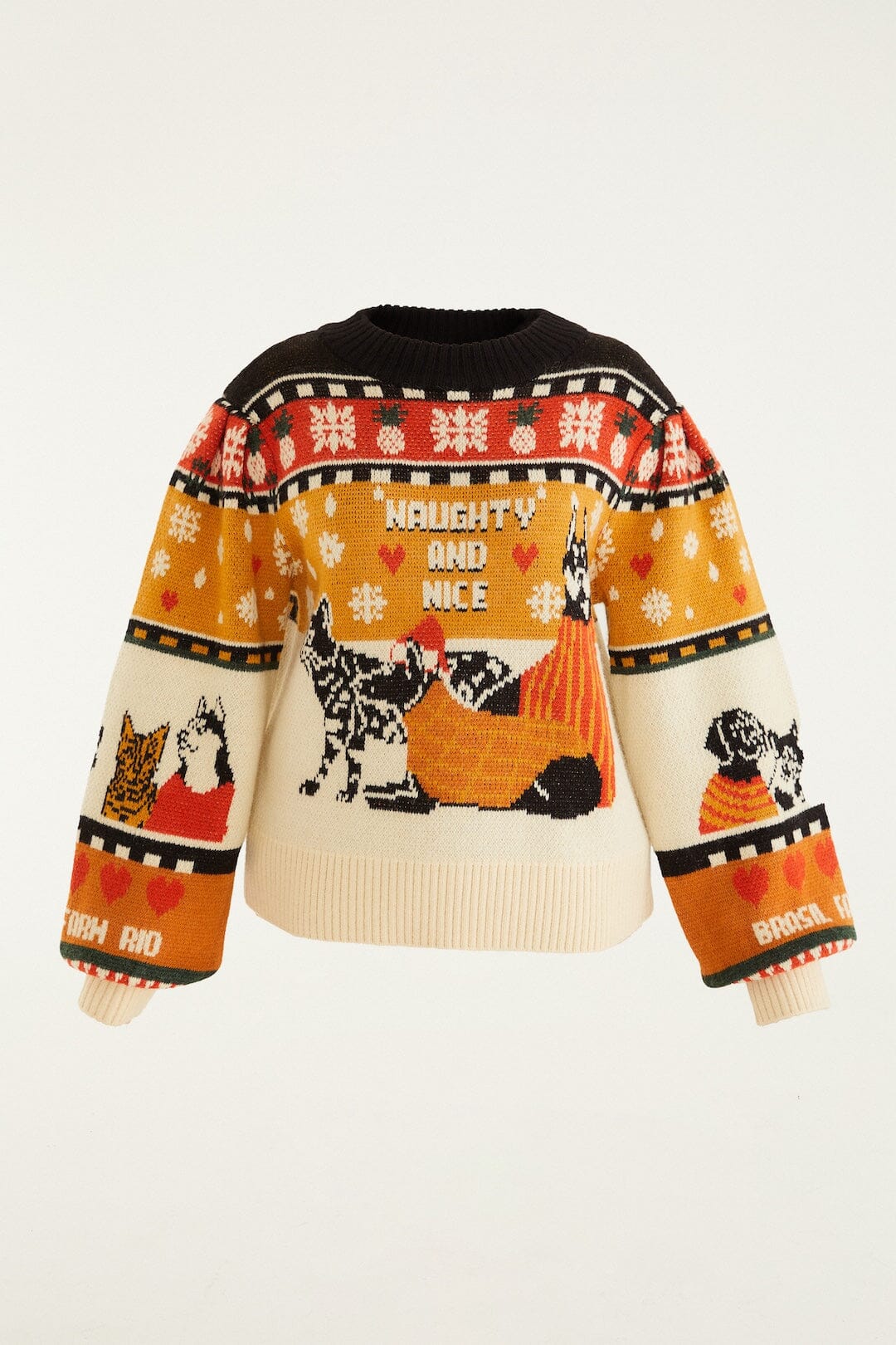 Multicolor Naughty And Nice Puff Sleeve Knit Sweater