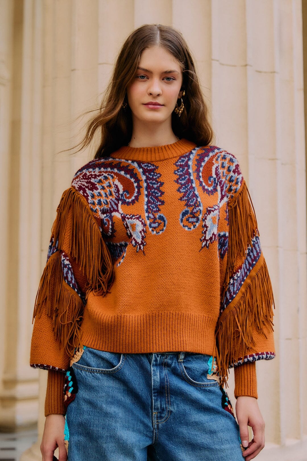 Brown Arabesque Scarf Fringe Cuffed Knit Sweater