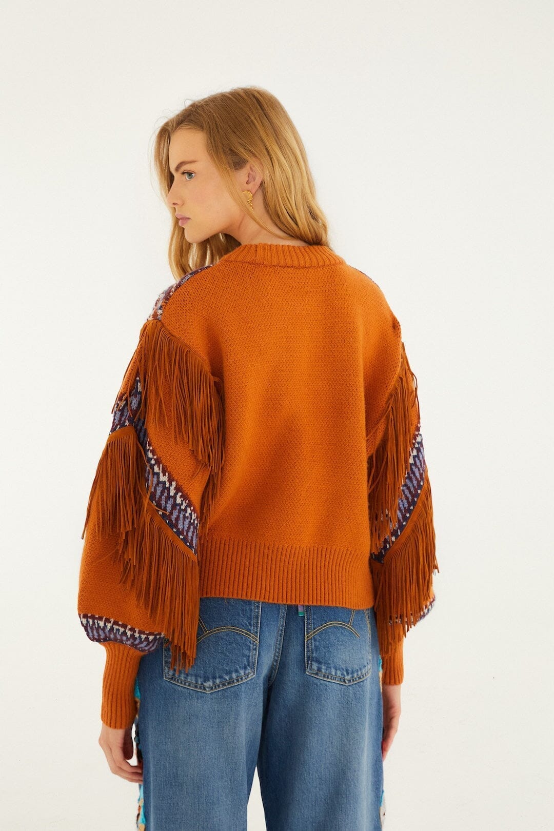 Brown Arabesque Scarf Fringe Cuffed Knit Sweater
