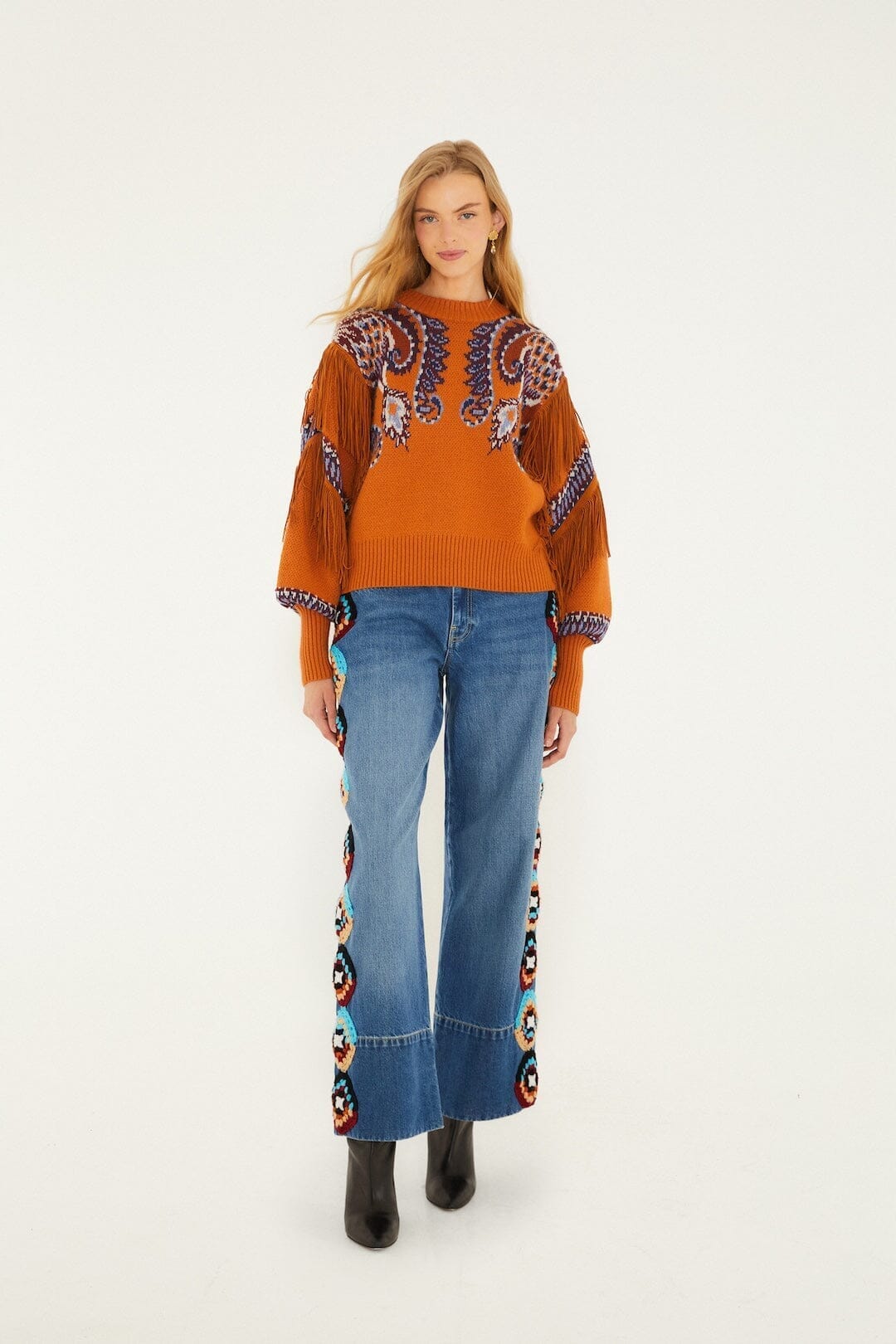 Brown Arabesque Scarf Fringe Cuffed Knit Sweater | FARM Rio