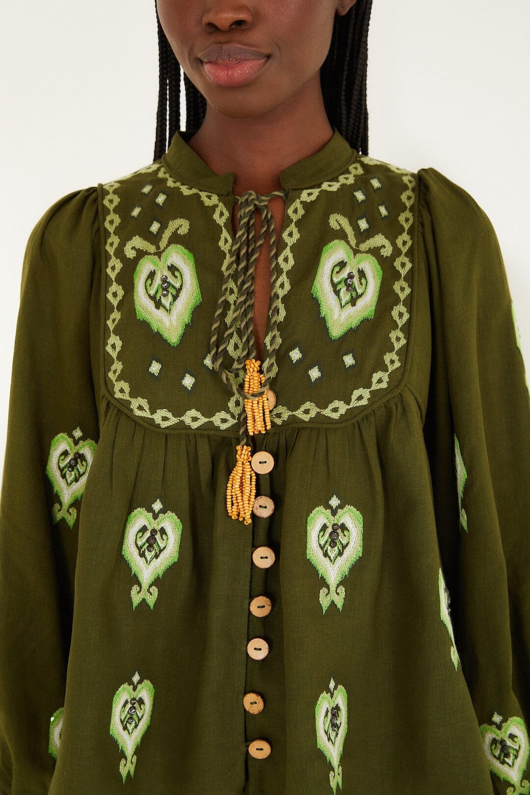 Green Embroidered Puff Sleeve Lenzing Ecovero Euroflax Blouse | FARM Rio Green Embroidered Puff Sleeve Lenzing Ecovero Euroflax Blouse | FARM Rio
