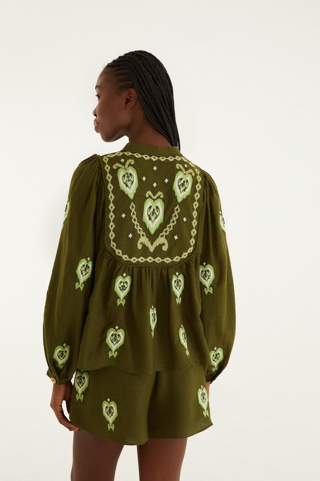 Green Embroidered Puff Sleeve Lenzing™ Ecovero™ Euroflax™ Blouse