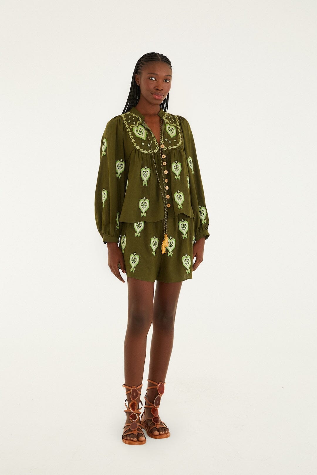 Green Embroidered Puff Sleeve Lenzing™ Ecovero™ Euroflax™ Blouse