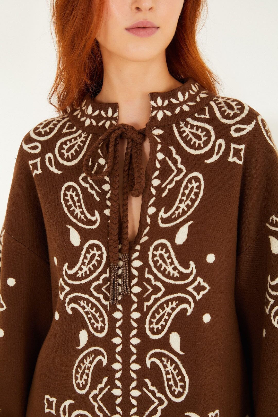 【BROWN】PAISLEY BORDER KNIT Paisley knitted top in brown - Farm Rio | Mytheresa