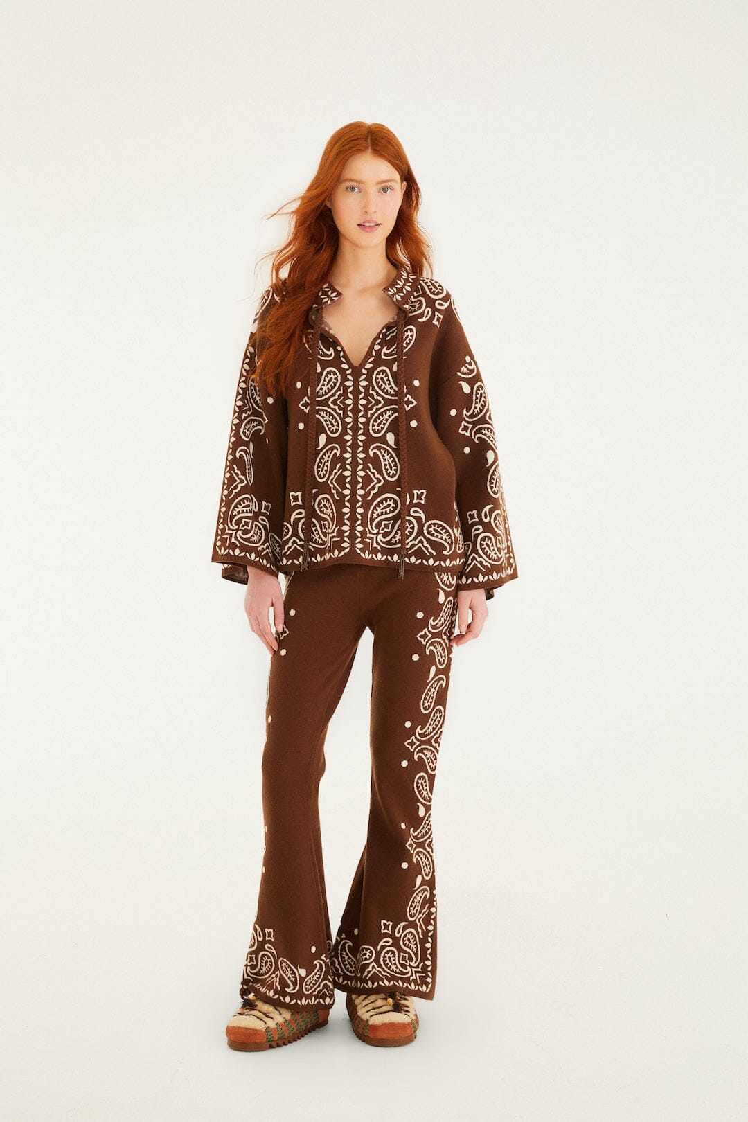 Brown Bohemian Paisley Beaded Rope Knit Sweater