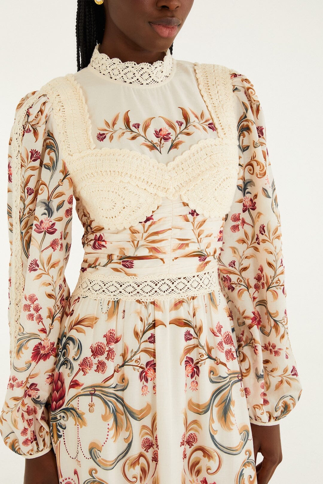 FARM Rio Cream Royal Garden Long Sleeve Crochet Midi Dress, MALU WINTER White / XS FARM Rio Cream Royal Garden Long Sleeve Crochet Midi Dress, MALU WINTER White / XS