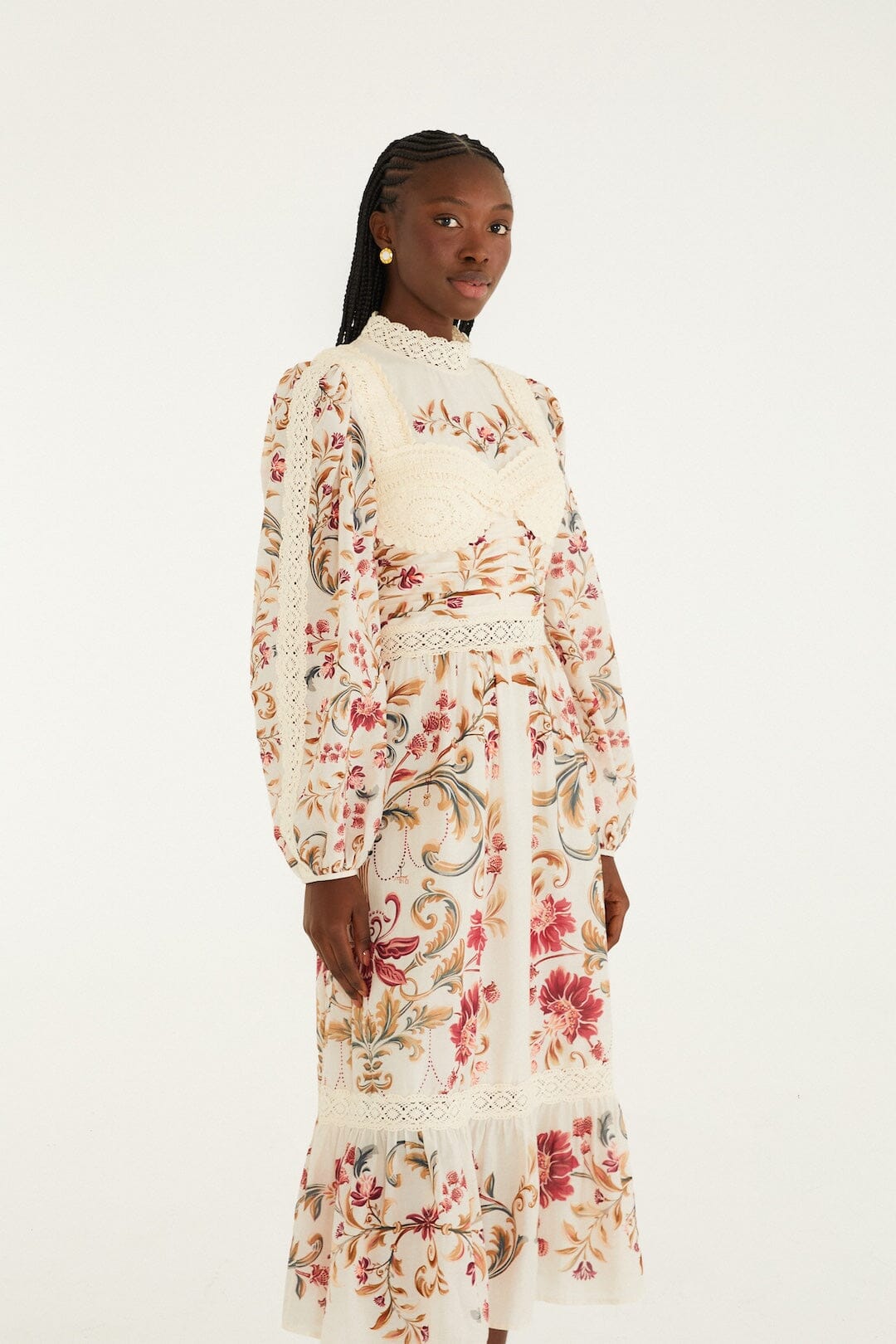 Cream Royal Garden Long Sleeve Crochet Midi Dress | FARM Rio