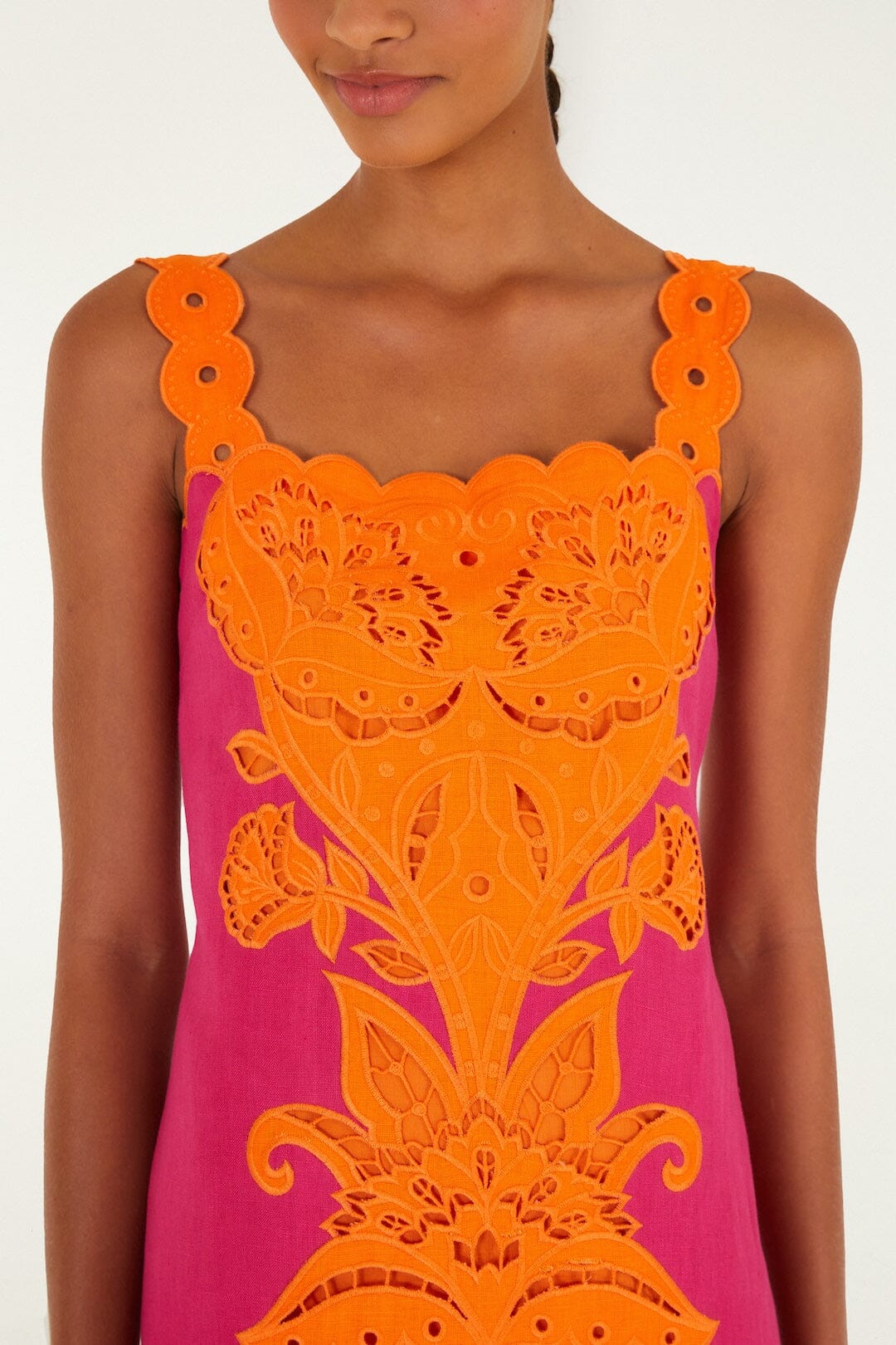FARM Rio Pink Cutwork Midi Dress - Pink And Orange FARM Rio Pink Cutwork Midi Dress - Pink And Orange