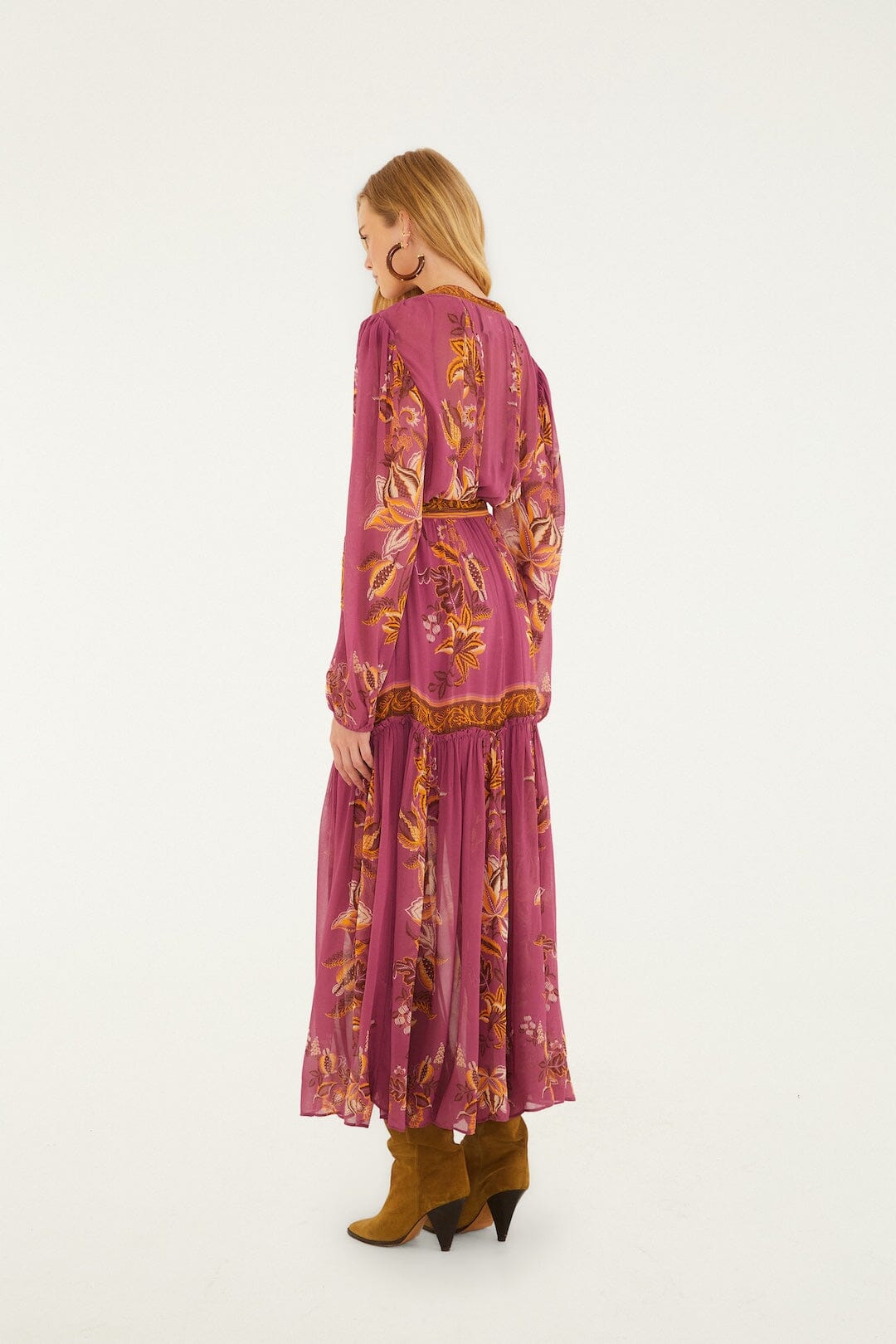 Pink Delicate Chintz Puff Sleeve Belted Maxi Dress