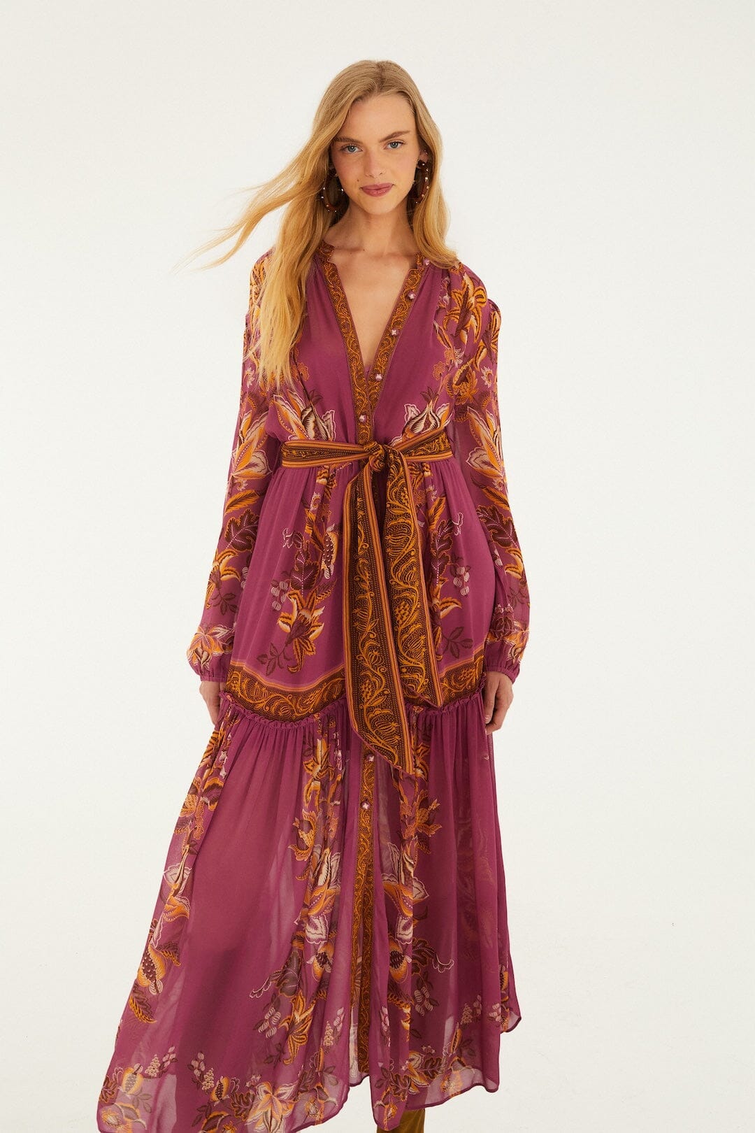 Pink Delicate Chintz Puff Sleeve Belted Maxi Dress | FARM Rio