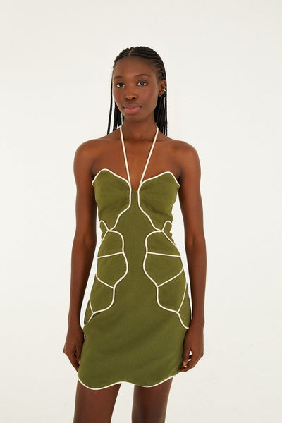 Green Wavy Trim Halter Neck Lenzing Ecovero Euroflax Mini Dress | FARM Rio Green Wavy Trim Halter Neck Lenzing Ecovero Euroflax Mini Dress | FARM Rio