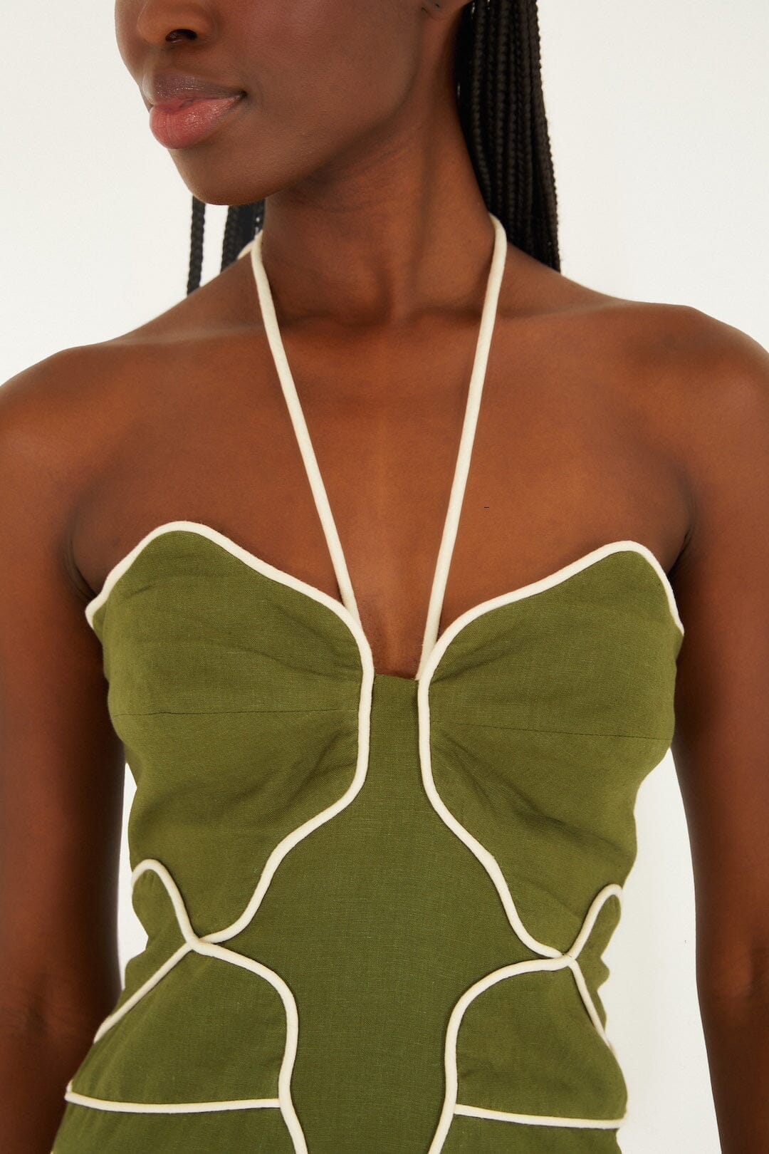 Green Wavy Trim Halter Neck Lenzing Ecovero Euroflax Mini Dress | FARM Rio Green Wavy Trim Halter Neck Lenzing Ecovero Euroflax Mini Dress | FARM Rio
