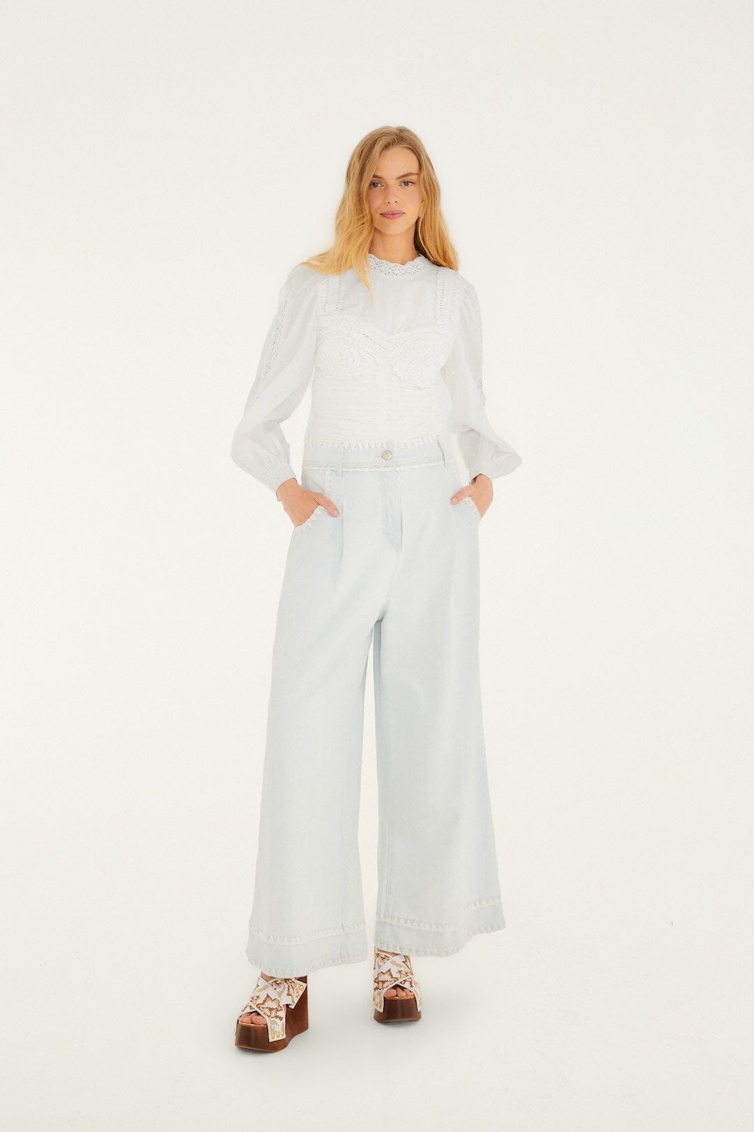 Off-White Crew Neck Long Sleeve Crochet Blouse | FARM Rio