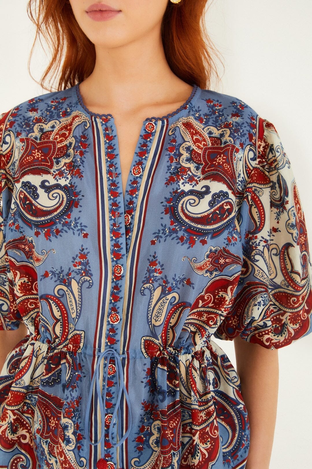 Blue Paisley Scarf Short Sleeve Blouse
