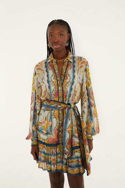 Farm Rio Blue Mosaic Garden Belted Mini Dress, Mosaic Garden Soft Blue / M Farm Rio Blue Mosaic Garden Belted Mini Dress, Mosaic Garden Soft Blue / M
