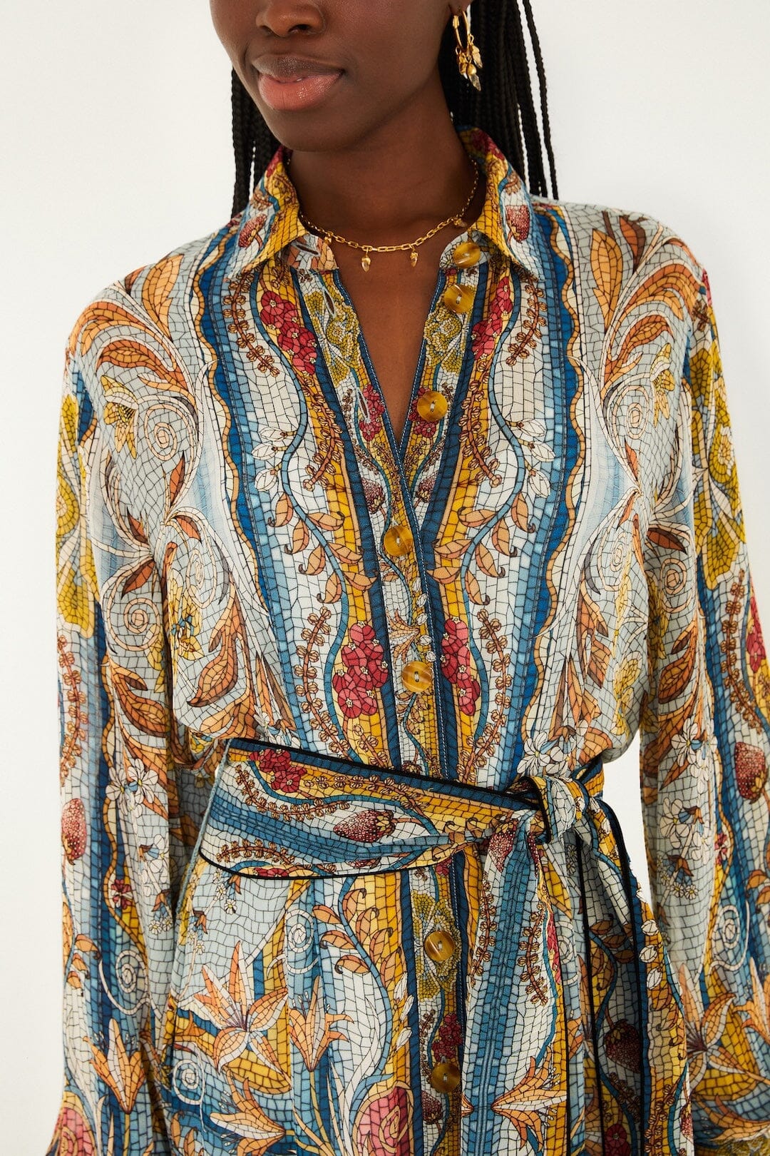 Blue Mosaic Garden Belted Mini Dress