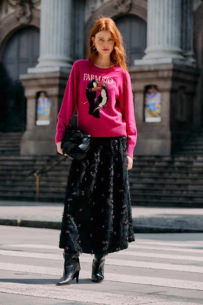 Black 3d Flowers Embroidered Midi Skirt | FARM Rio