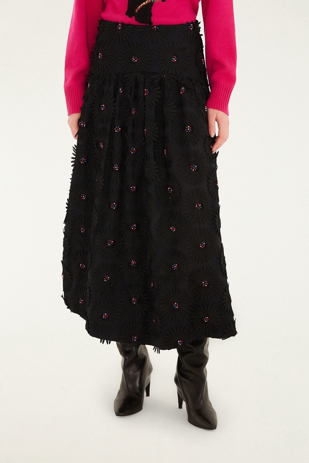 farm rio black embroidered stones pleated midi dress Black 3d Flowers Embroidered Midi Skirt