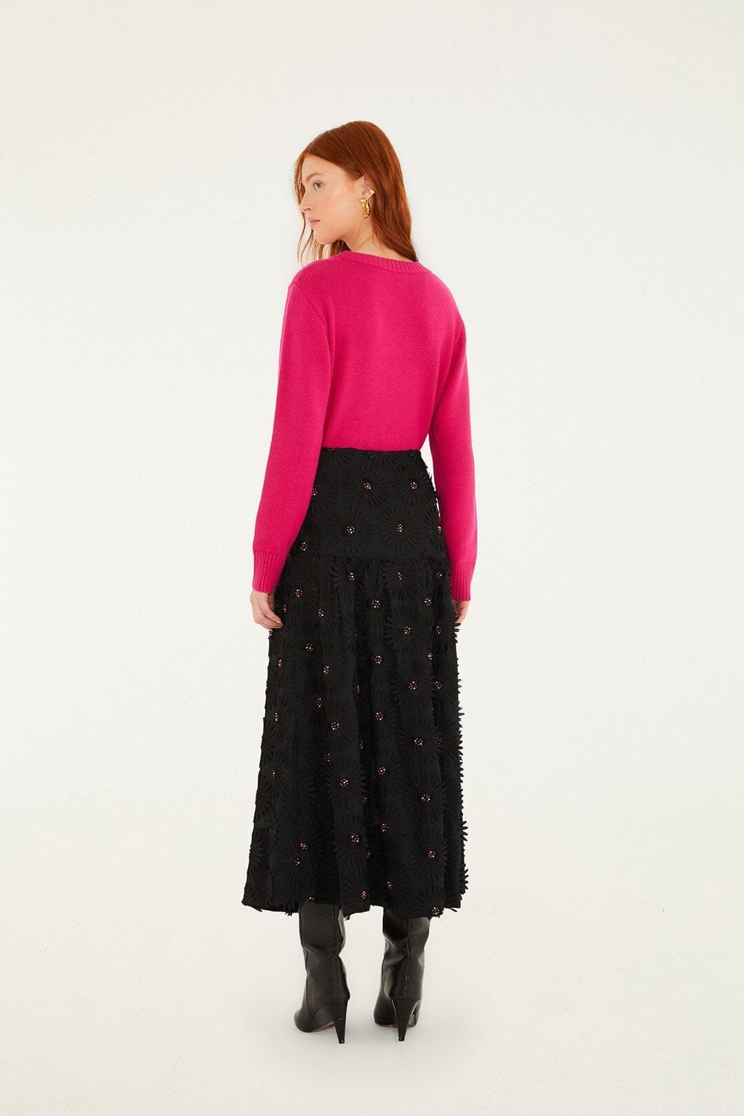 Black 3d Flowers Embroidered Midi Skirt | FARM Rio