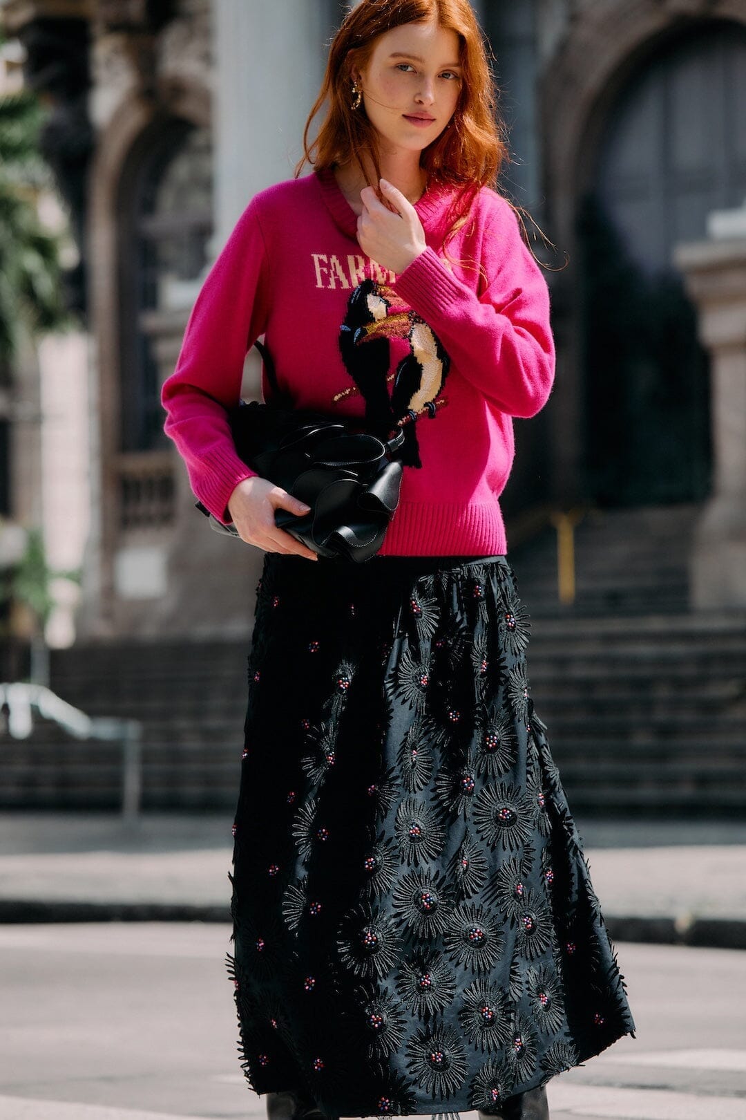 FARM Rio Black 3d Flowers Embroidered Midi Skirt, Black / XXS FARM Rio Black 3d Flowers Embroidered Midi Skirt, Black / XXS