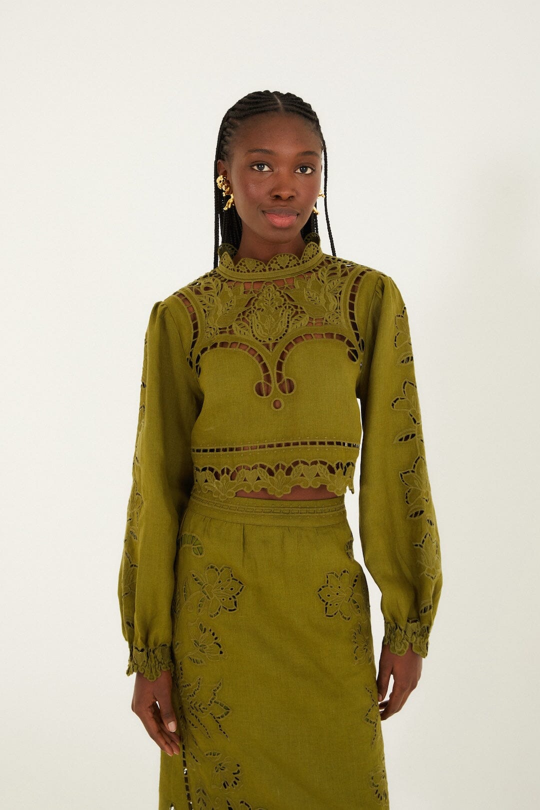 Green Majestic Garden Euroflax Premium Linen Richelieu Blouse