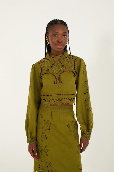 Green Majestic Garden Euroflax™ Premium Linen Richelieu Blouse