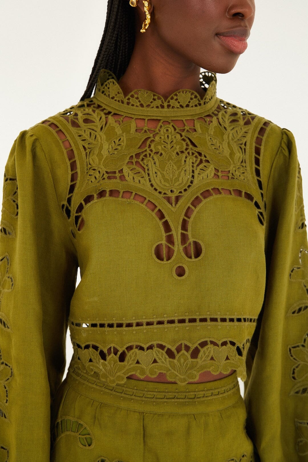 Green Majestic Garden Euroflax Premium Linen Richelieu Blouse