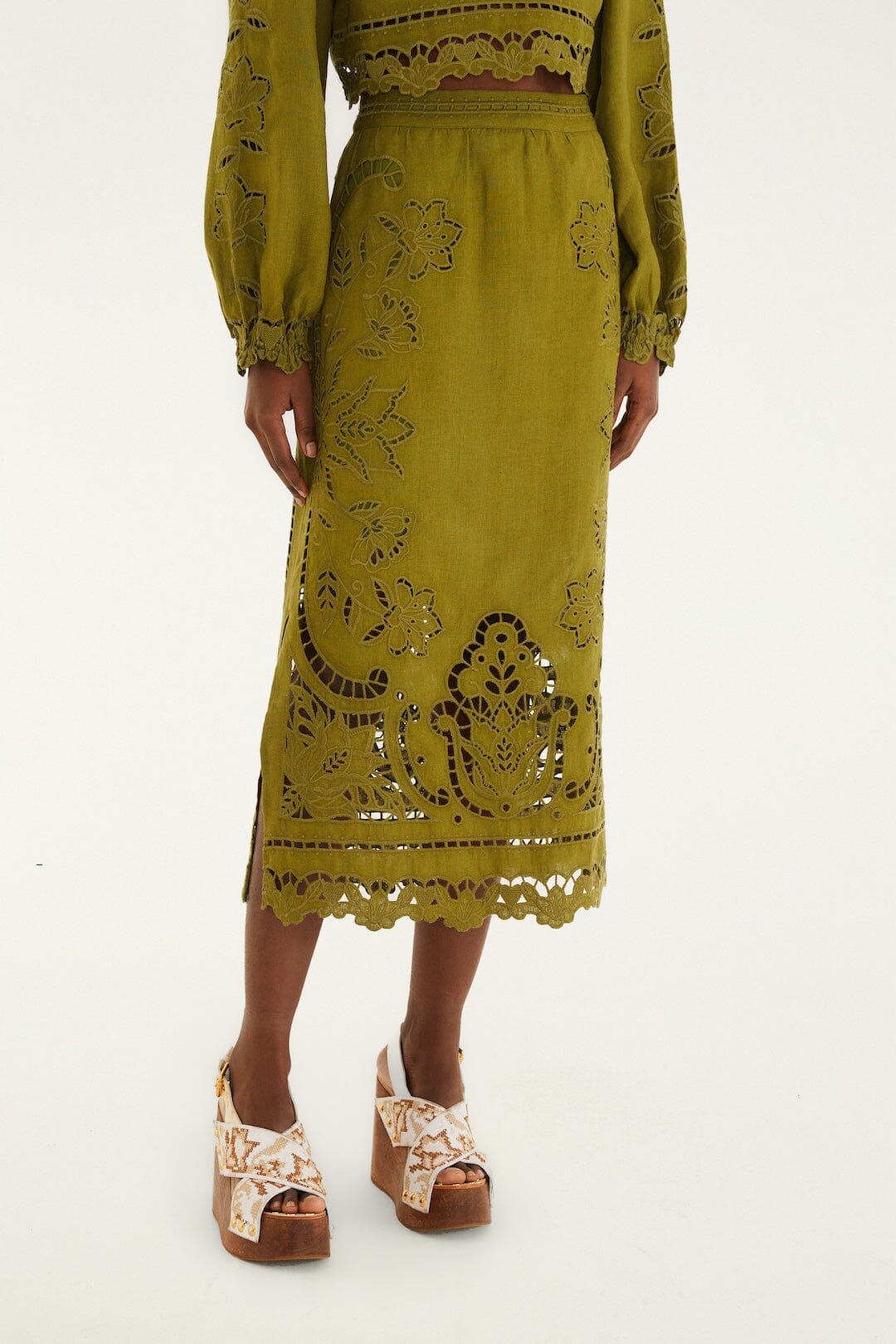 Green Majestic Garden Euroflax Premium Linen Richelieu Midi Skirt