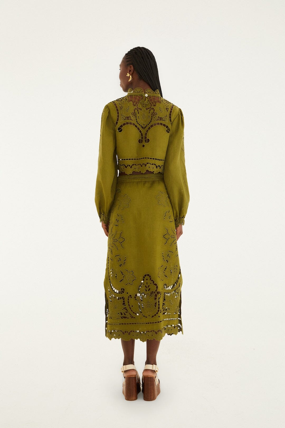 Green Majestic Garden Euroflax Premium Linen Richelieu Midi Skirt