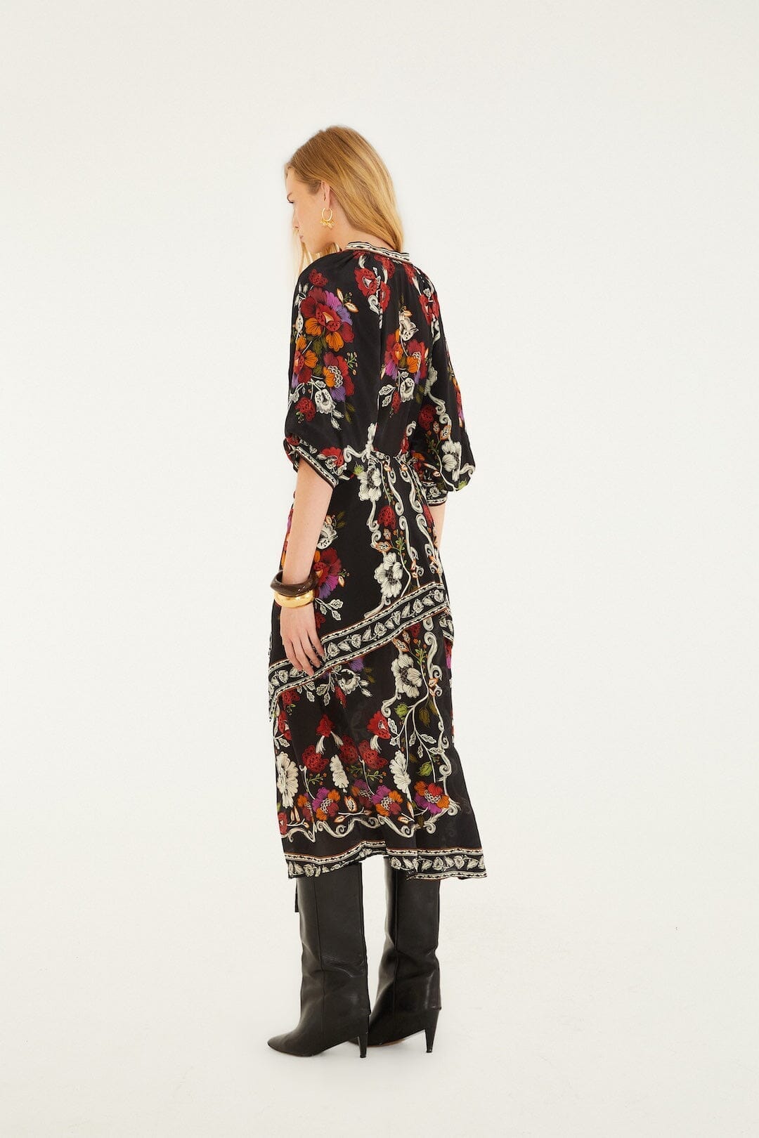farm rio black dress Mixed Arabesque Scarves Maxi - Mixed Arabesque Scarves Embrace the nights magic in the black fireworks sleeveless open back maxi dress from farm rio FARM Rio Belle Garden Black