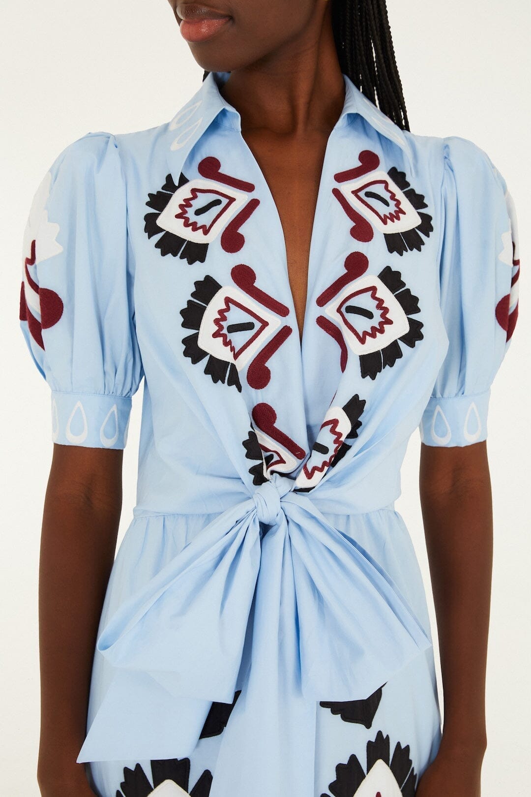Blue Artisanal Embroidered Lace Front Bow Maxi Dress | FARM Rio Blue Artisanal Embroidered Lace Front Bow Maxi Dress | FARM Rio