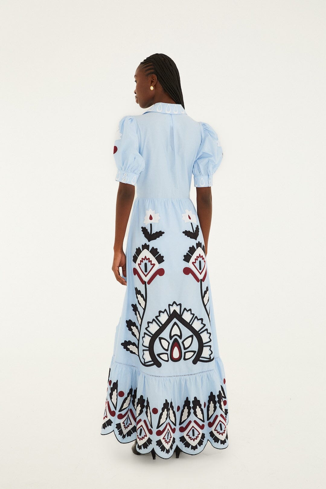 Blue Artisanal Embroidered Lace Front Bow Maxi Dress