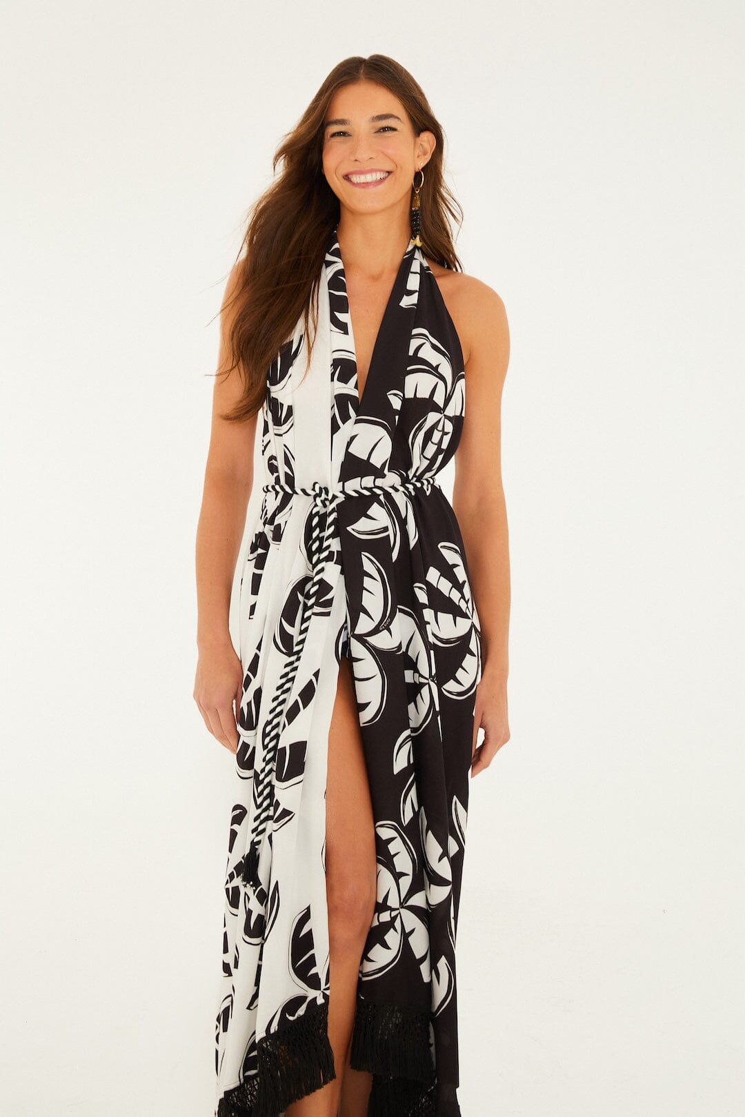 Black And White Graphic Palms Belted Maxi Dress