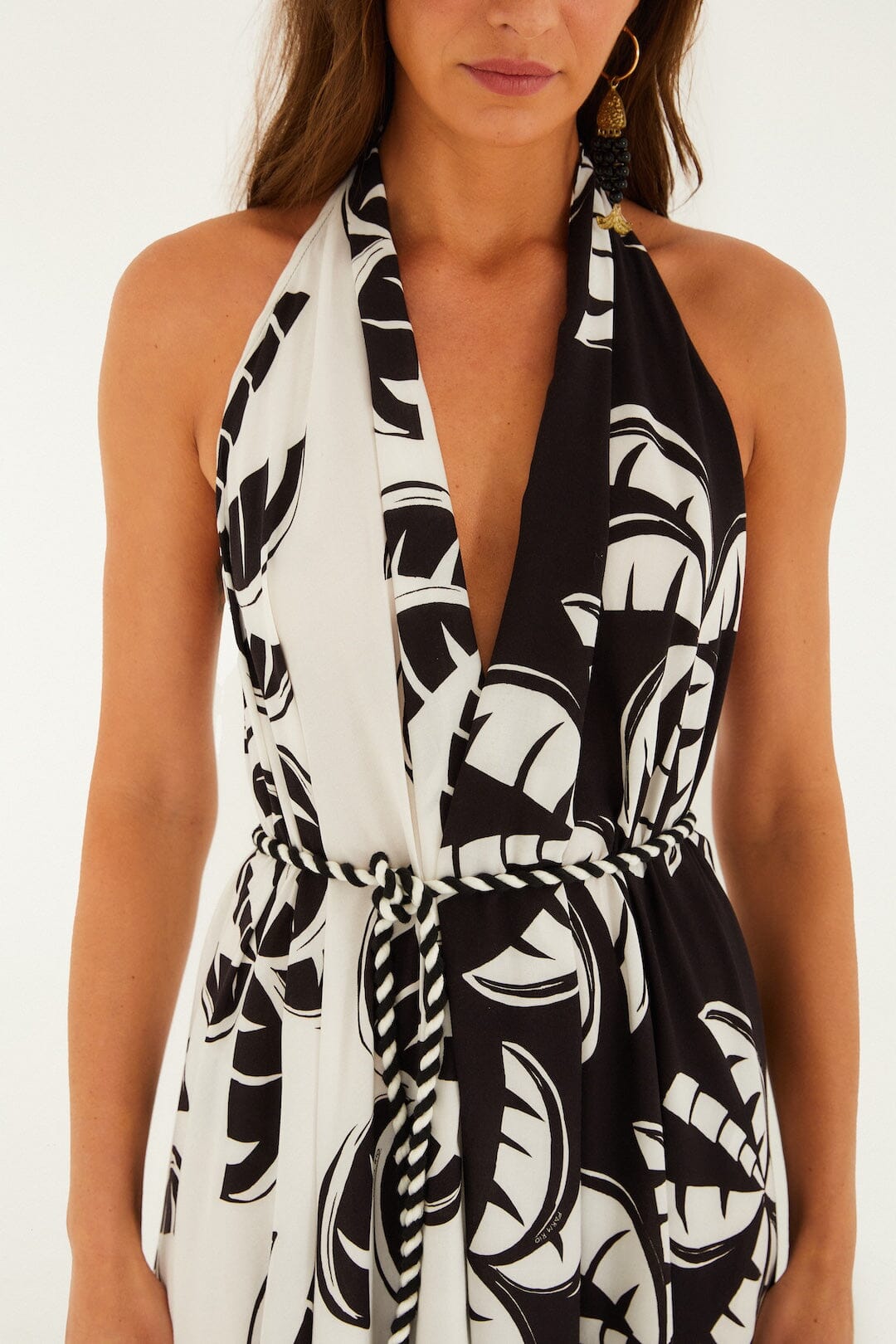 Black And White Graphic Palms Belted Maxi Dress