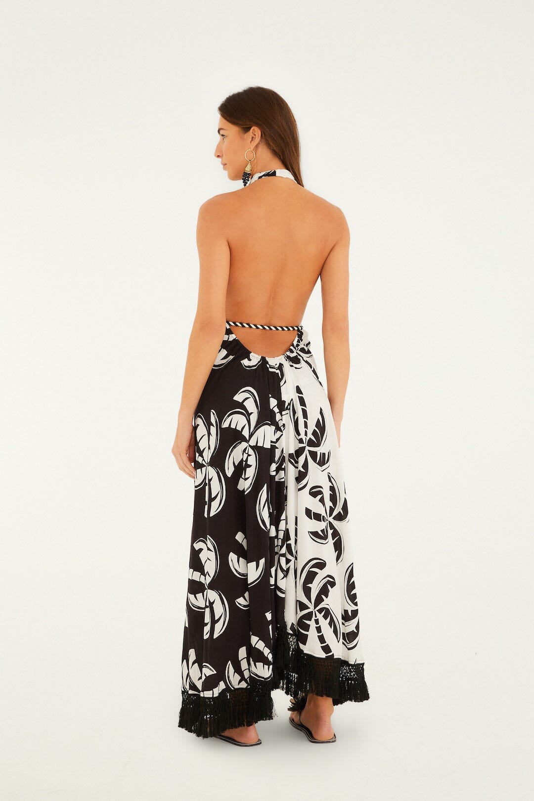 Black And White Graphic Palms Belted Maxi Dress