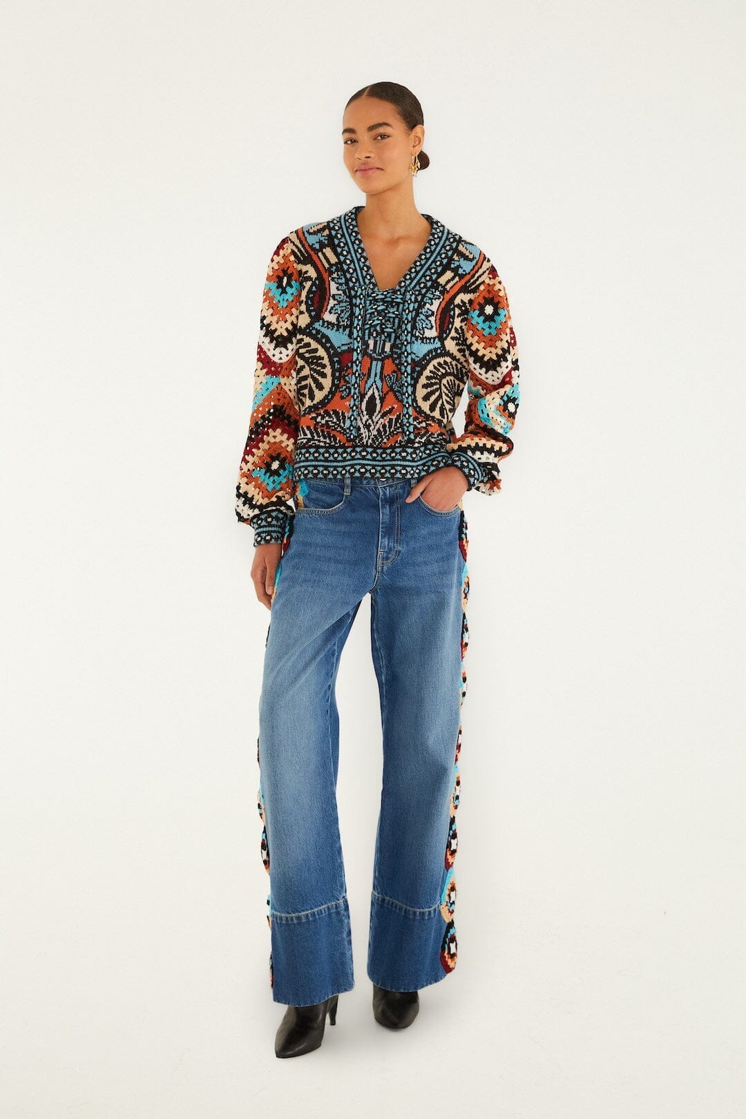 colorful stripes crochet denim pants