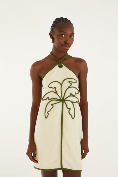 Sand Coconut Embroidery Halter Neck Euroflax Premium Linen Mini Dress | FARM Rio Sand Coconut Embroidery Halter Neck Euroflax Premium Linen Mini Dress | FARM Rio