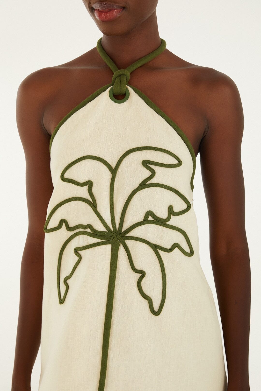 Sand Coconut Embroidery Halter Neck Euroflax Premium Linen Mini Dress | FARM Rio Sand Coconut Embroidery Halter Neck Euroflax Premium Linen Mini Dress | FARM Rio