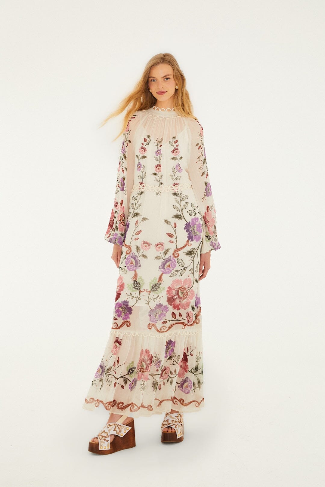 Cream Rococo Flowers Lace Maxi Dress