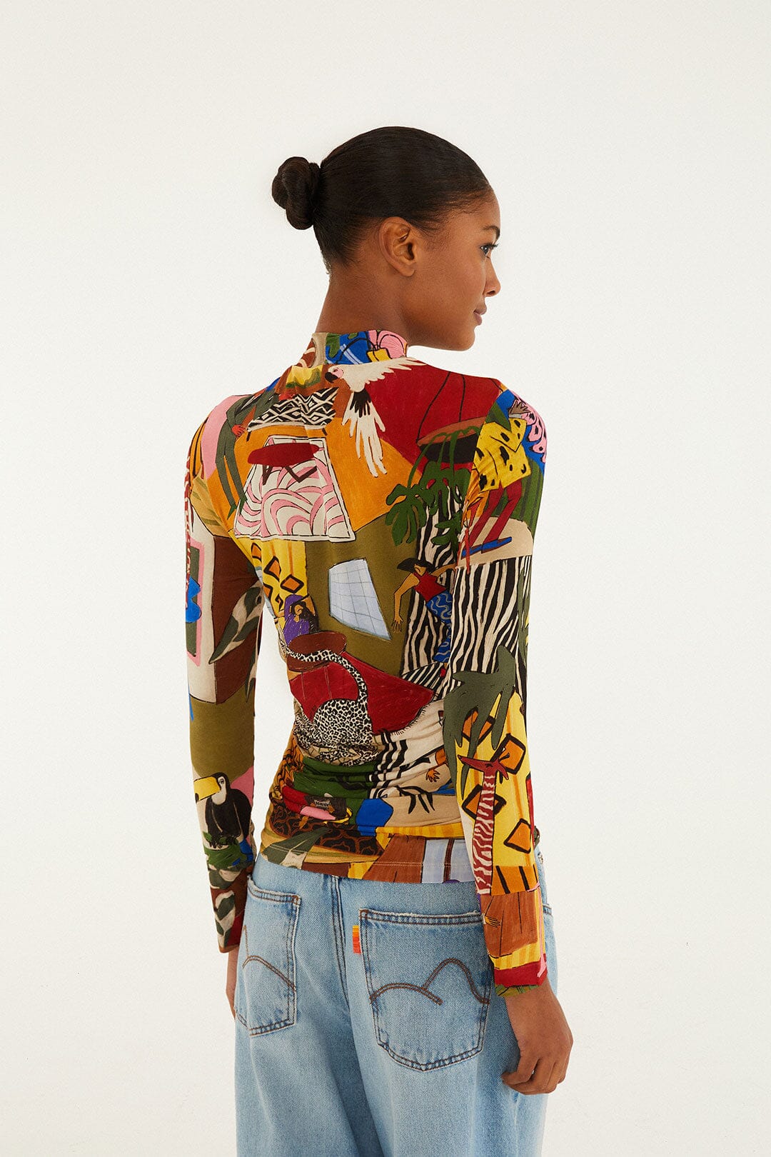 Multicolor Tropical Long Sleeve Turtleneck Blouse