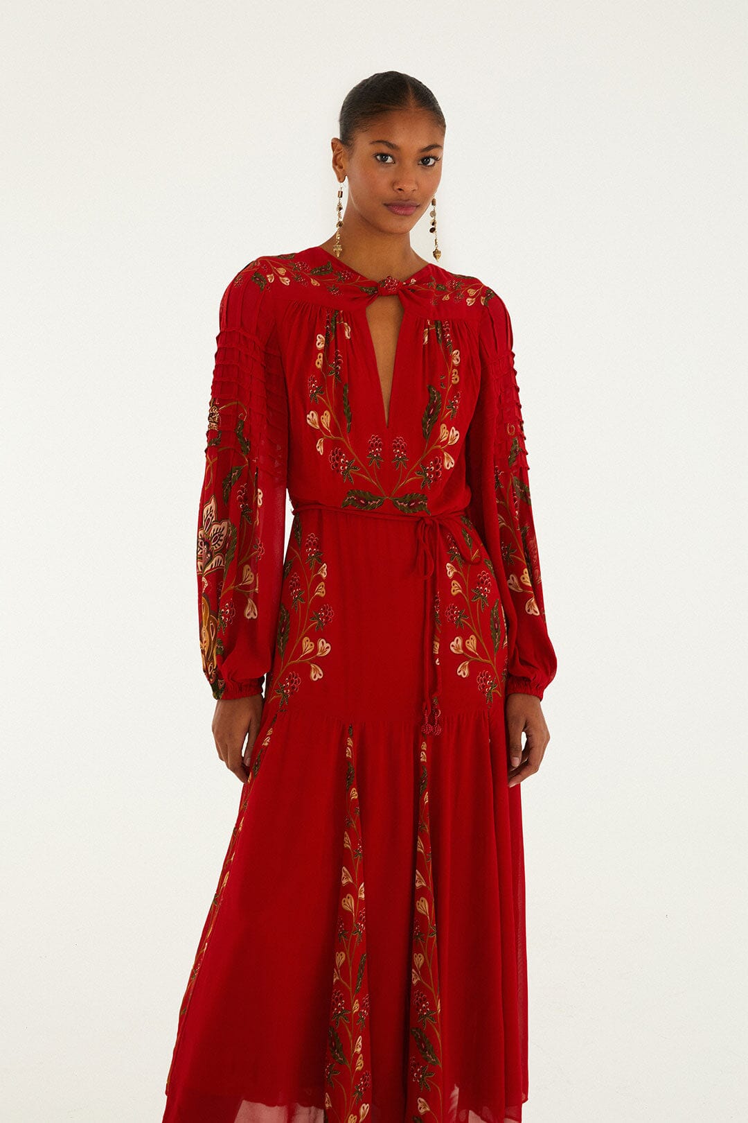 FARM Rio Red Berry Garden Long Sleeve Pleated Maxi Dress, Berry Garden Red / XXS FARM Rio Red Berry Garden Long Sleeve Pleated Maxi Dress, Berry Garden Red / XXS