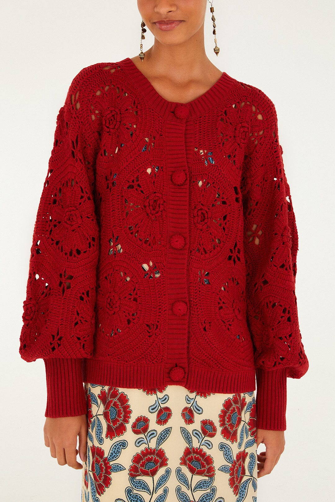 Red Crochet Flower Knit Cardigan