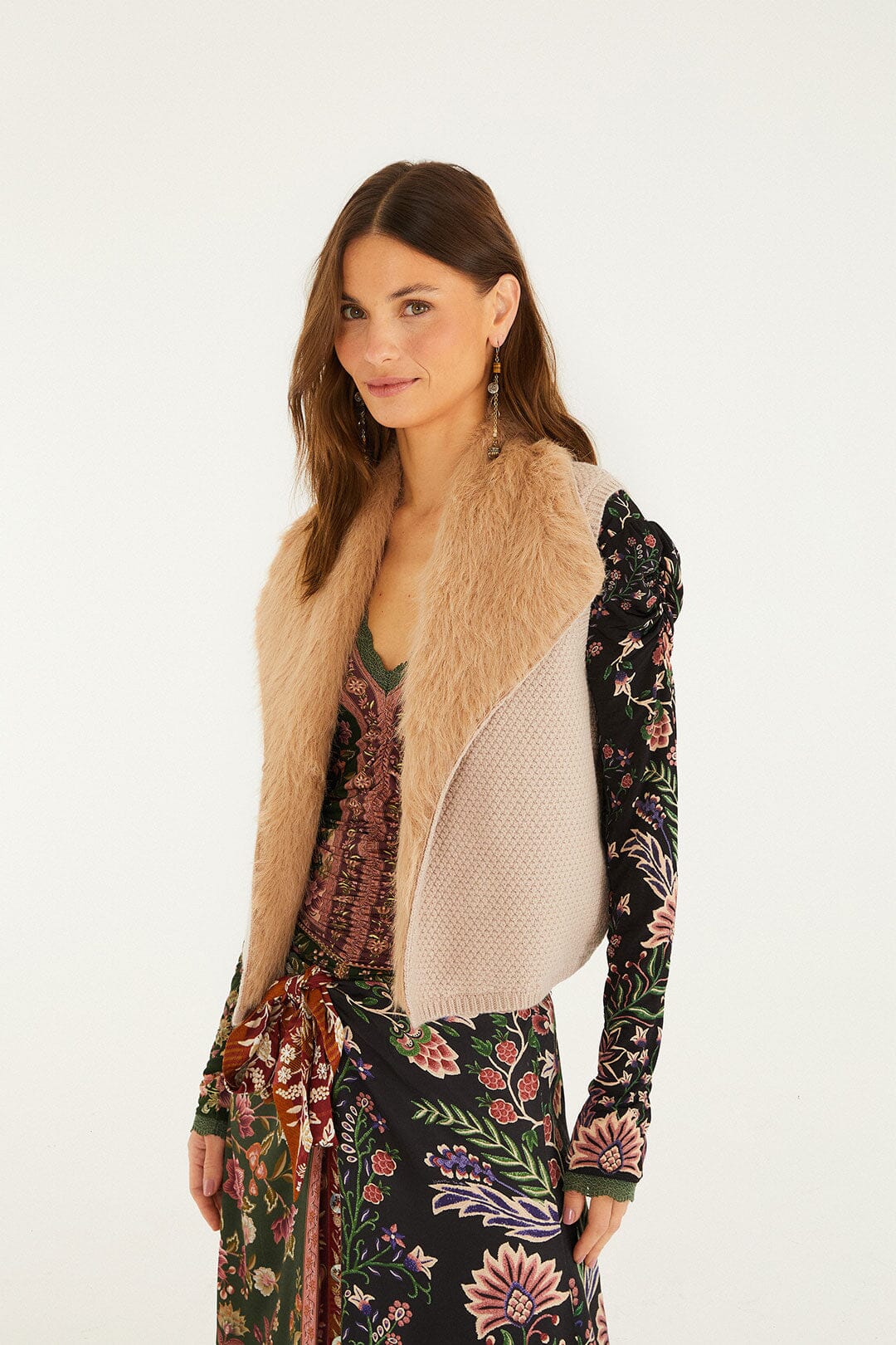 Beige Fur Sleeveless Knit Vest | FARM Rio