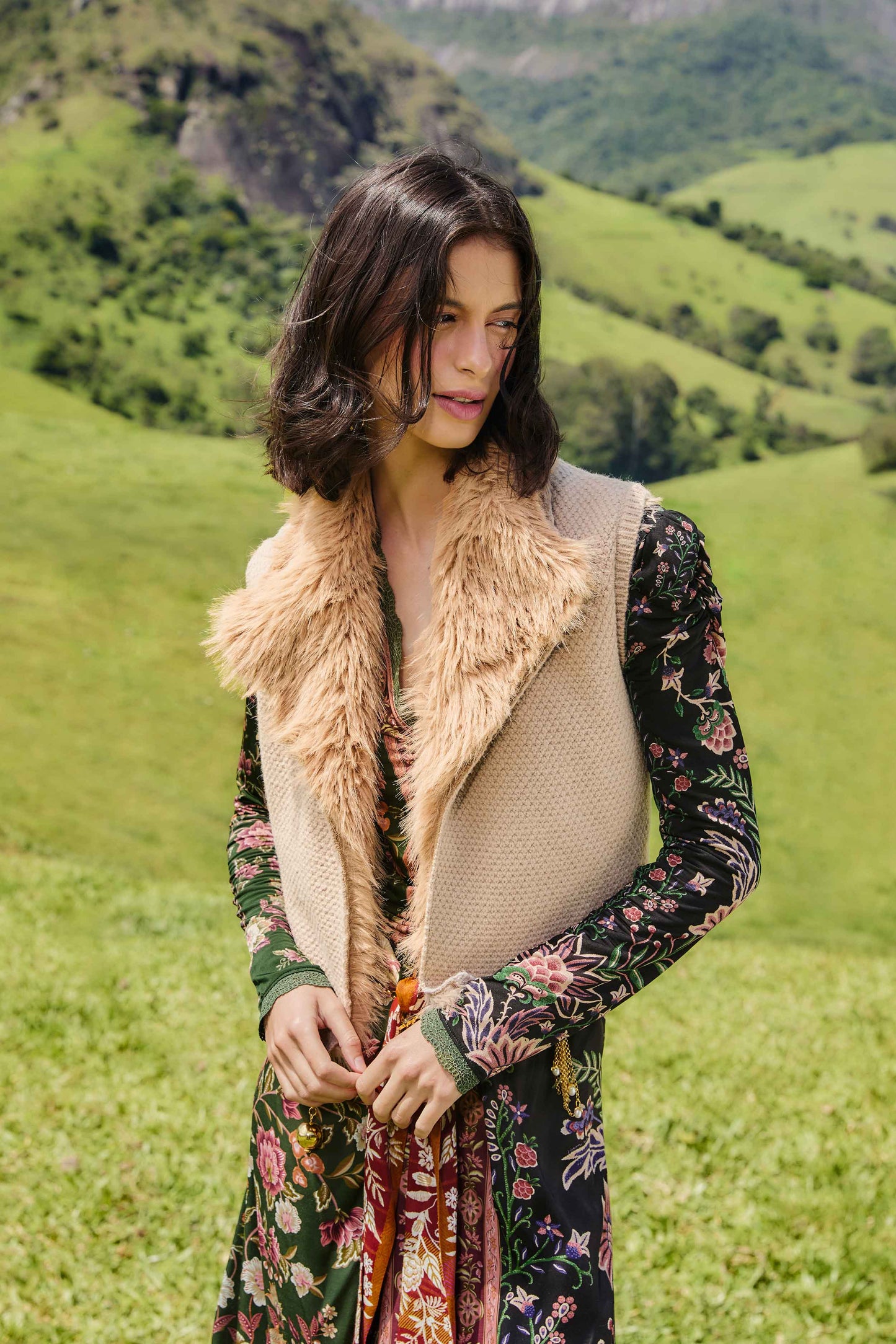 Beige Fur Sleeveless Knit Vest